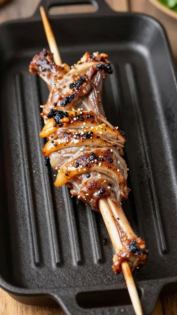 single lamb souvlaki skewer on cast-iron grill pan