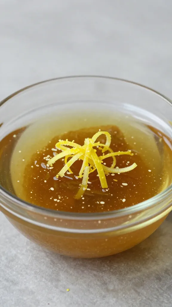 glass bowl of souvlaki marinade with lemon zest ribbons