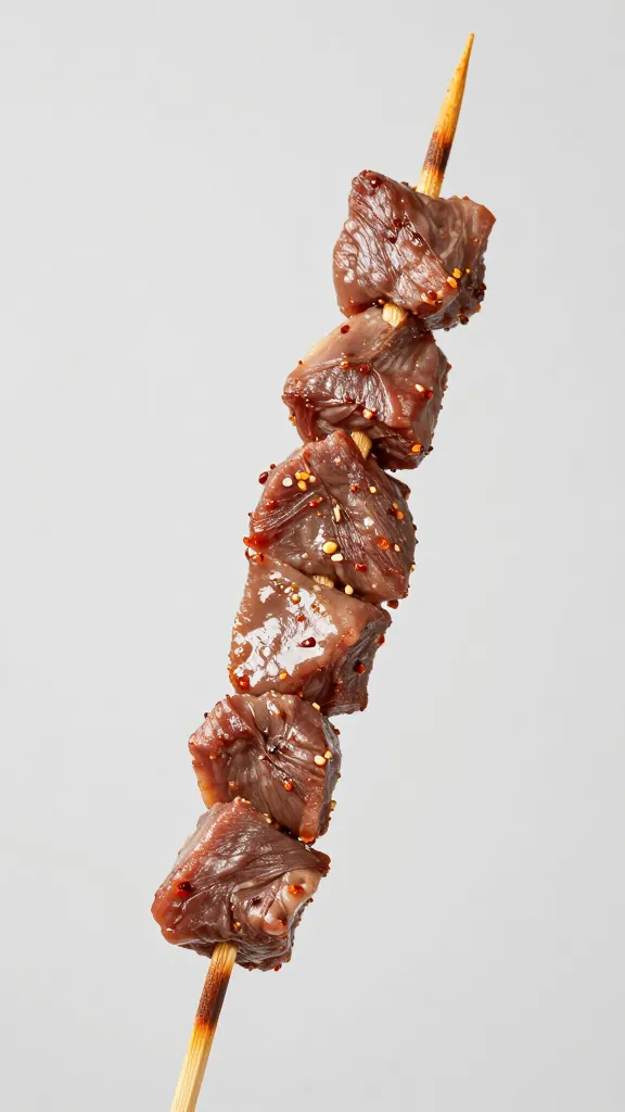 single wooden skewer threaded with marinated lamb cubes