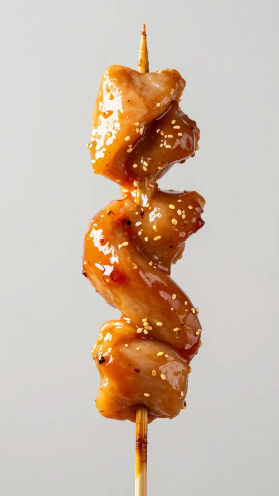 brushed-on marinade glistening on chicken skewer tip