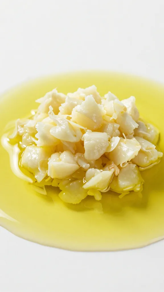 minced garlic mound beside puddle of extra-virgin olive oil