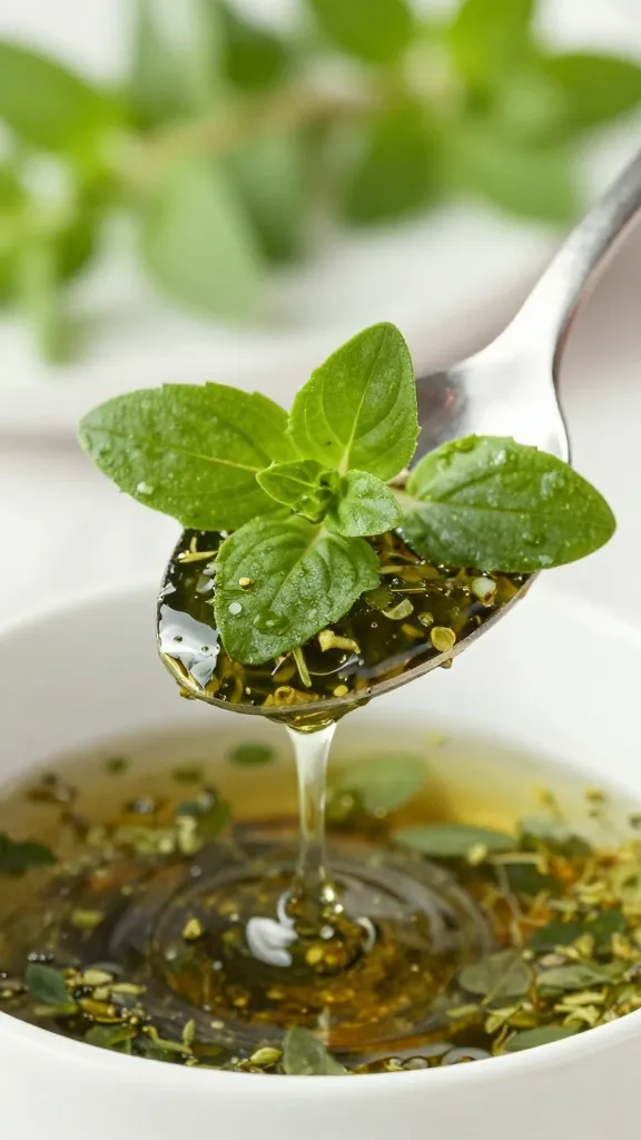 fresh oregano sprig dipped in marinade on spoon