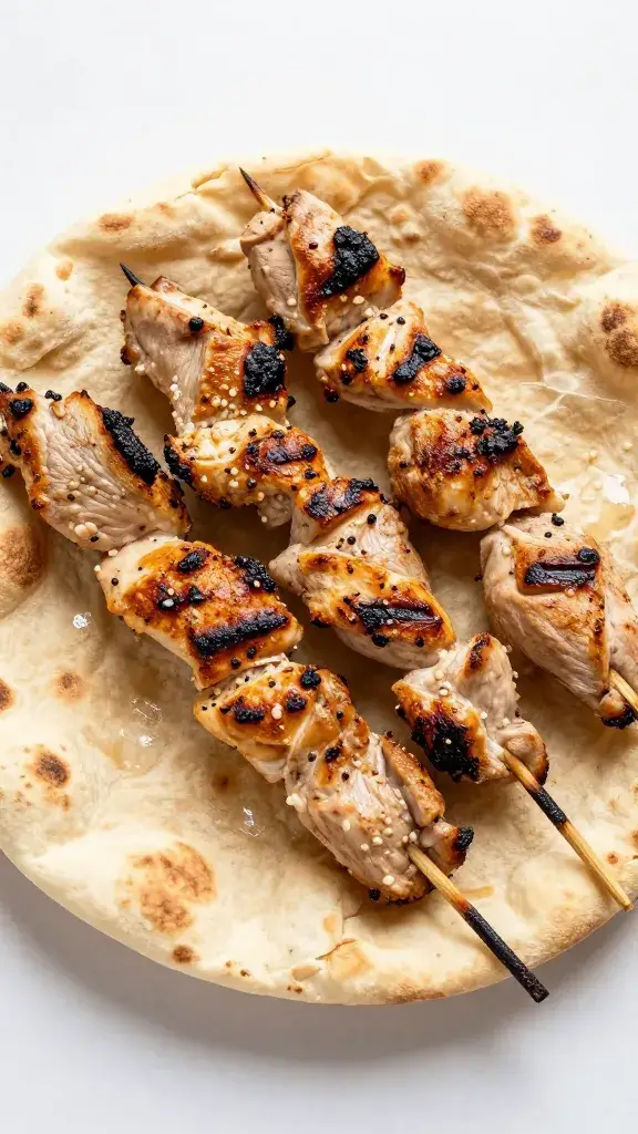resting grilled chicken souvlaki on warm pita round