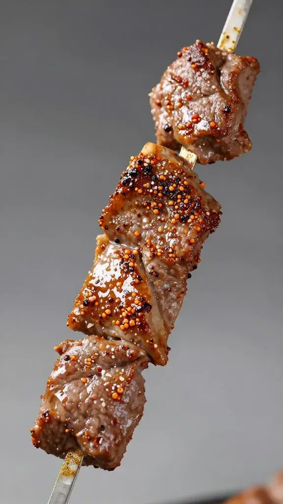 Closeup of spiced ground beef kebab on metal skewer