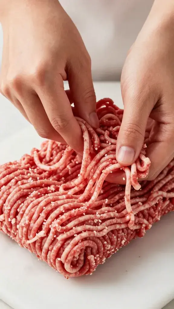 Hand kneading ground beef until sticky strands form