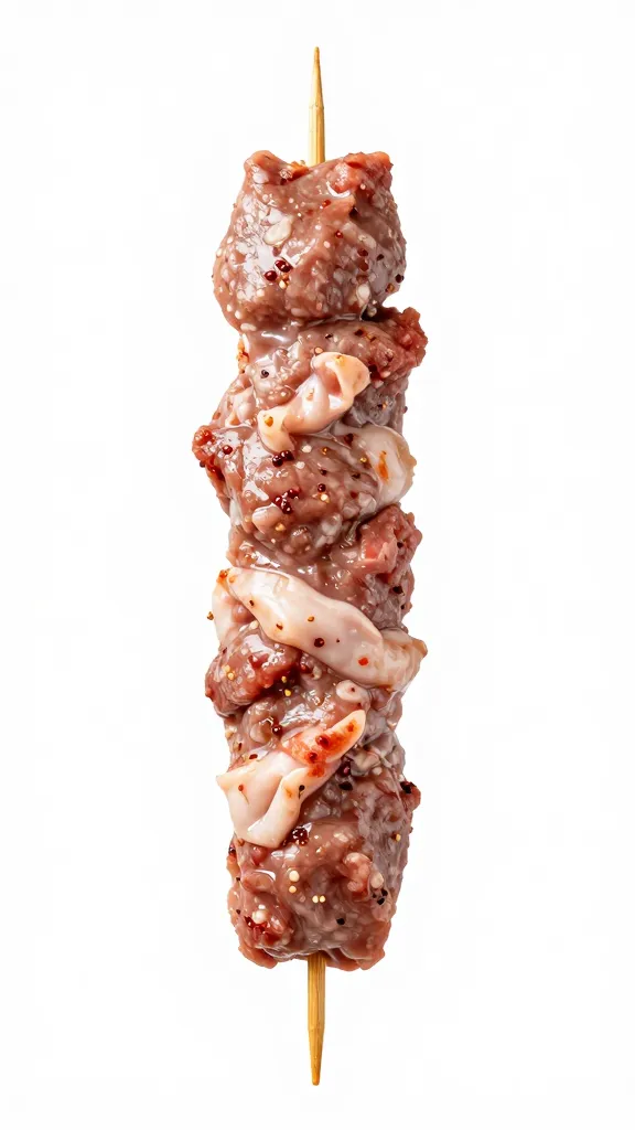 Raw kebab mixture pressed onto flat skewer tip