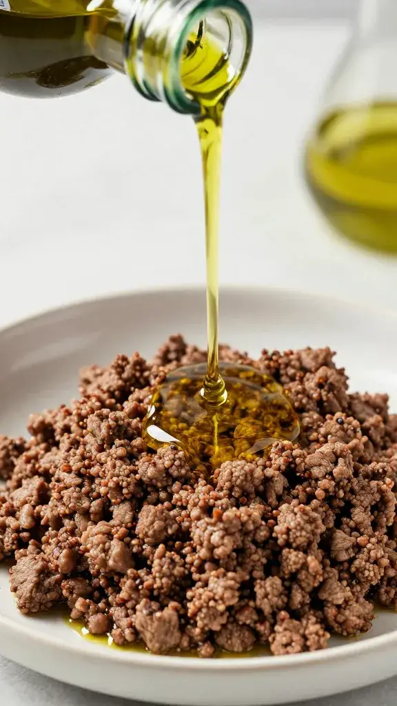 Drizzling olive oil over spiced ground beef mound