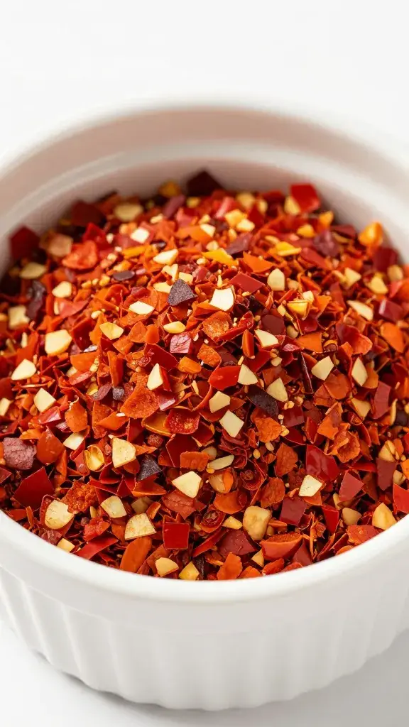 Finely chopped red pepper flakes in shallow ramekin