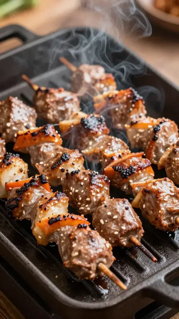 Closeup of sizzling kebab on cast-iron grill pan