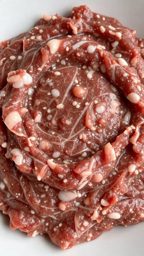 Freshly mixed kebab paste, marbling of fat visible