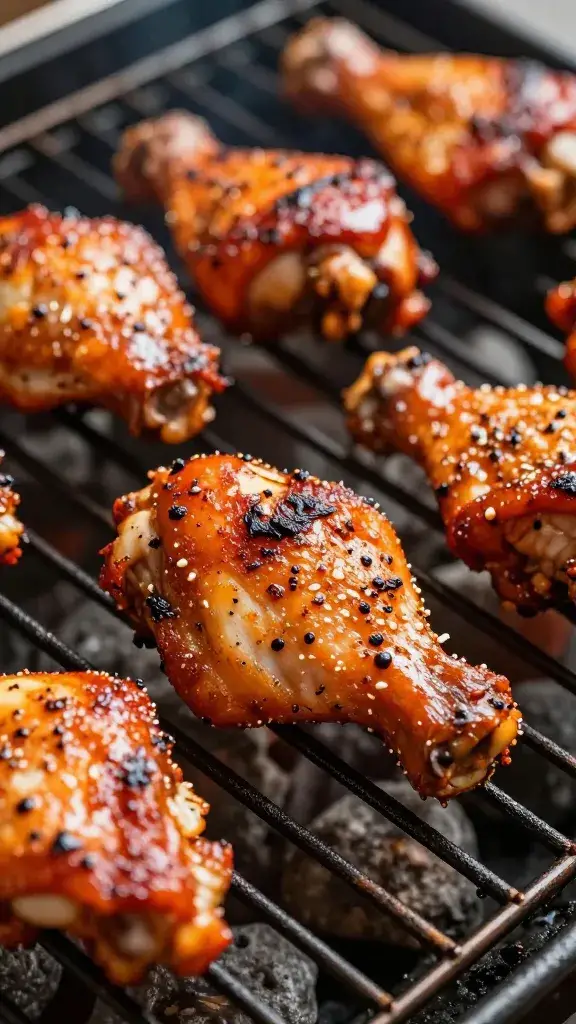 closeup of brick-red adobo-marinated chicken thigh on grill grates