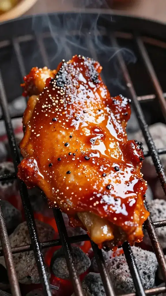 single pork chop glazed with adobo, sizzling over charcoal