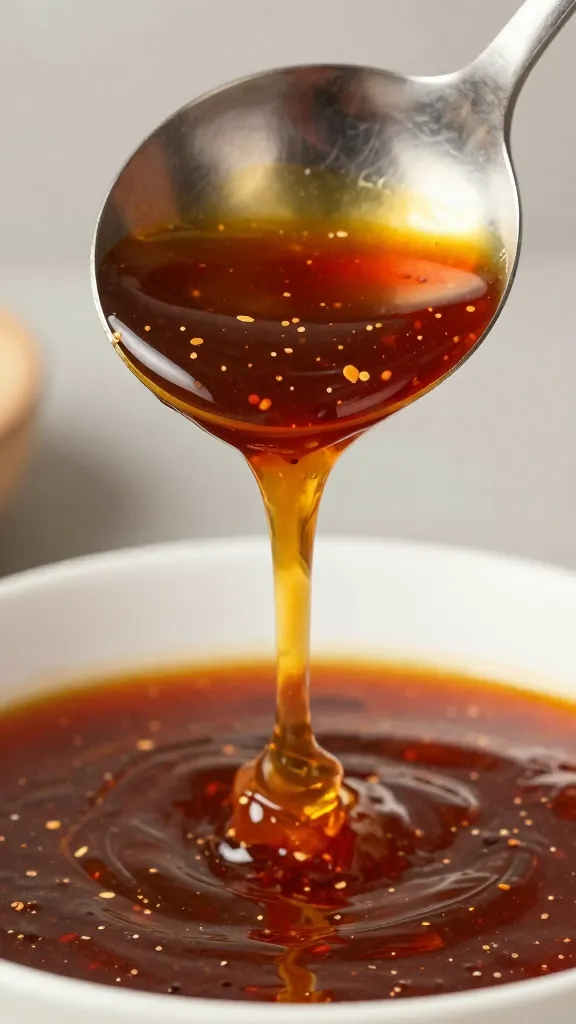 spoonful of silky adobo marinade dripping from ladle