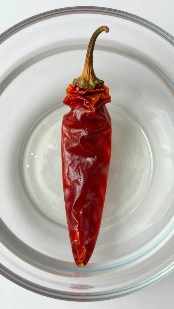 single dried ancho chile soaking in clear water bowl