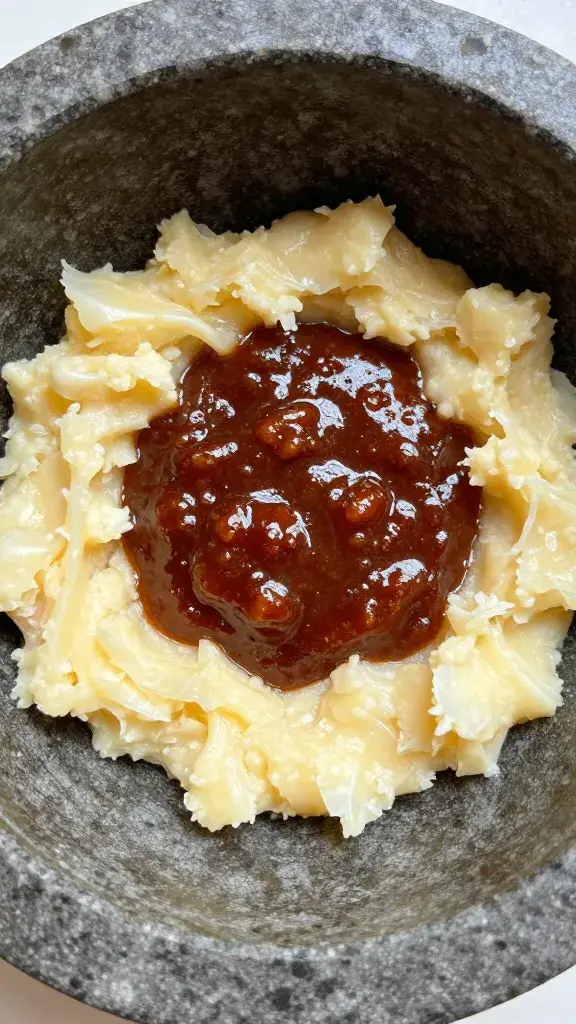 mortar with mashed garlic and adobo paste, tight closeup