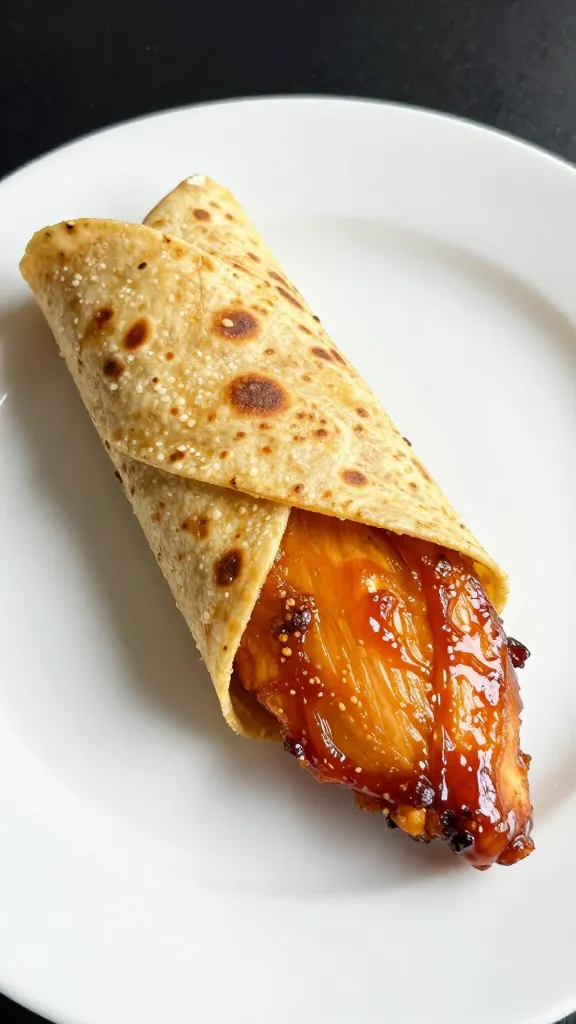 single tortilla-wrapped adobo chicken slice on white plate