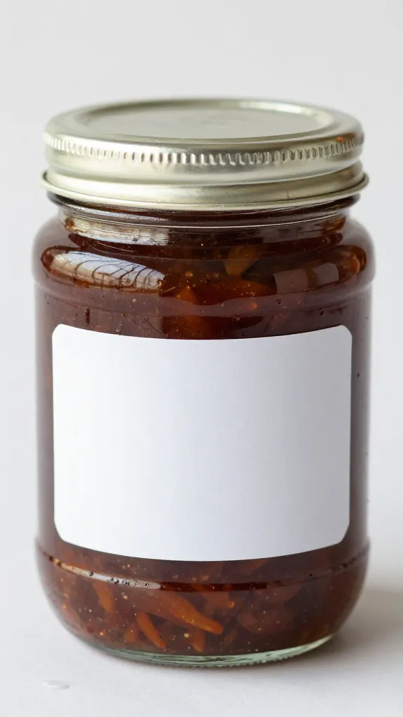 sealed glass jar of homemade adobo marinade, label visible