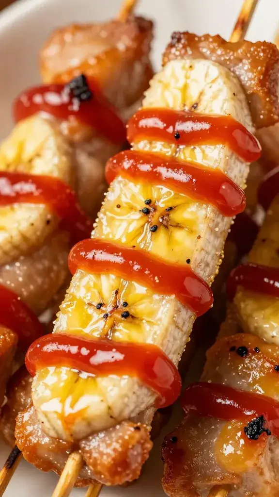 closeup pork skewer glazed with banana ketchup, grill marks