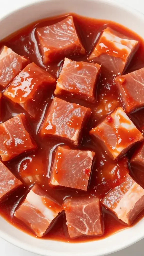 raw pork shoulder cubes marinating in red banana ketchup