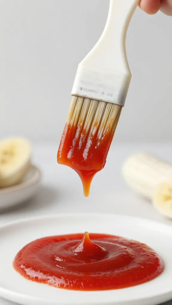 basting brush dripping banana ketchup glaze over skewer