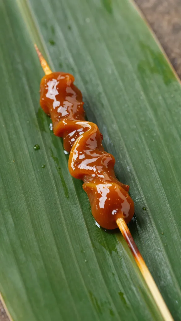 single skewer on banana leaf, glossy caramelized glaze