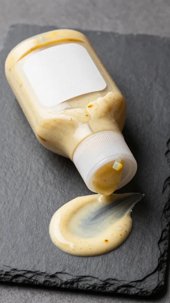 banana ketchup bottle with sauce smear on slate