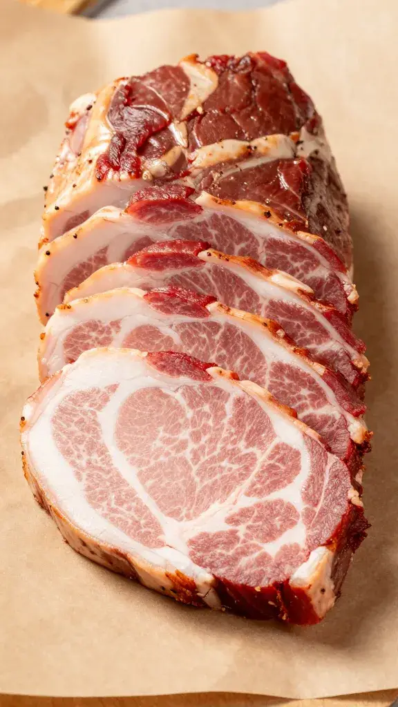 sliced pork shoulder on butcher paper, visible marbling