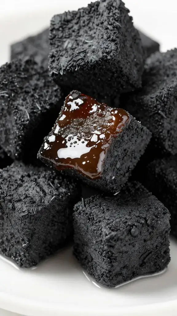 charcoal-kissed pork cube, sticky glaze, macro shot