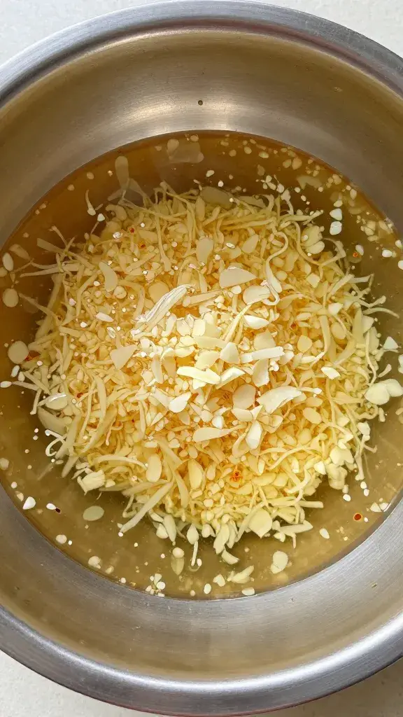 stainless bowl of marinade with minced garlic floating