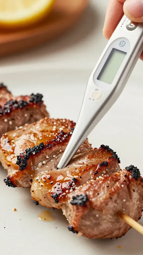 instant-read thermometer inserted in grilled pork skewer