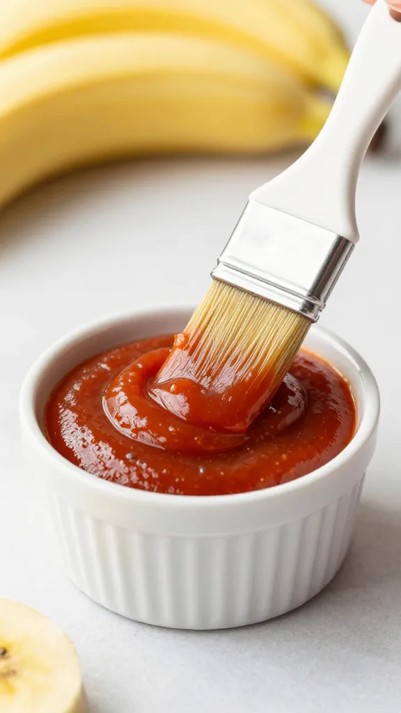 small ramekin of banana ketchup glaze with pastry brush