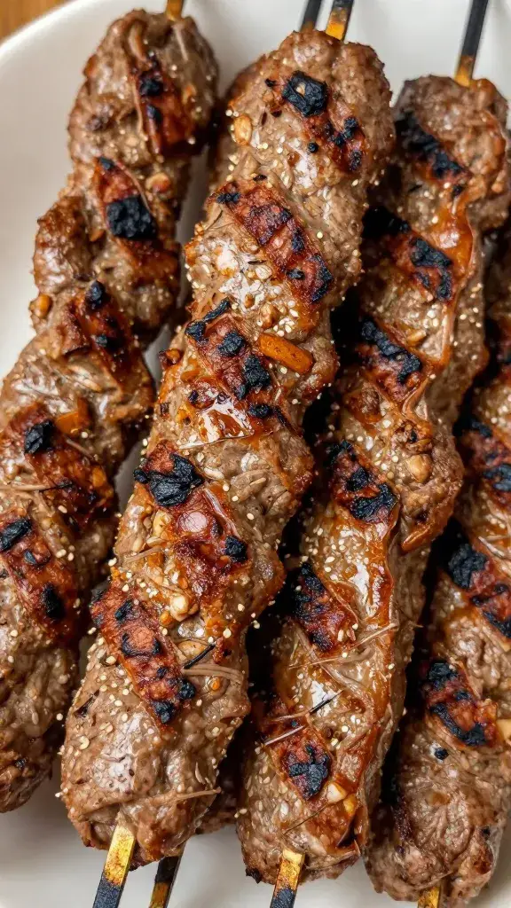 closeup of grilled kafta skewer with char marks