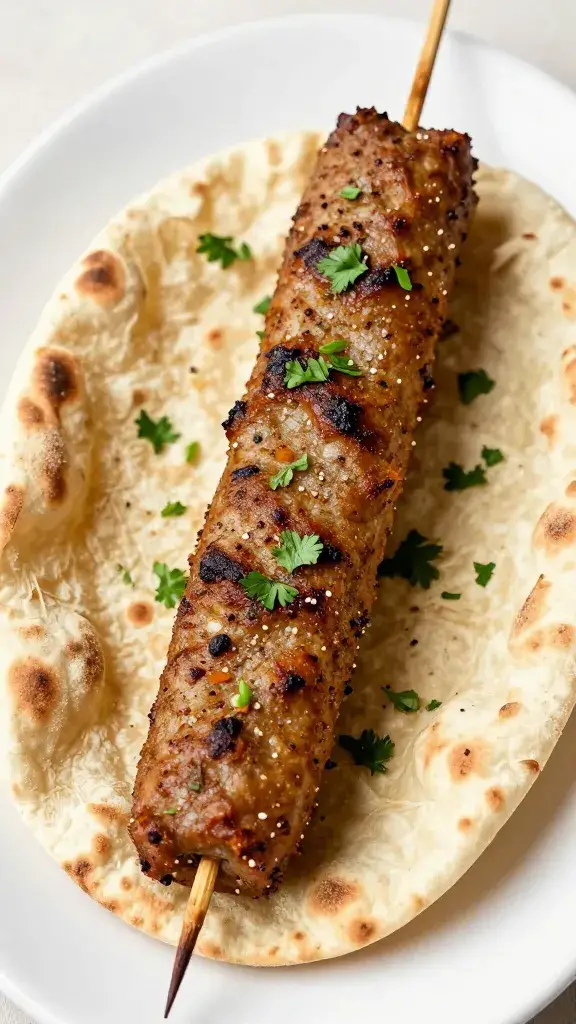 single kafta skewer on warm pita, parsley garnish