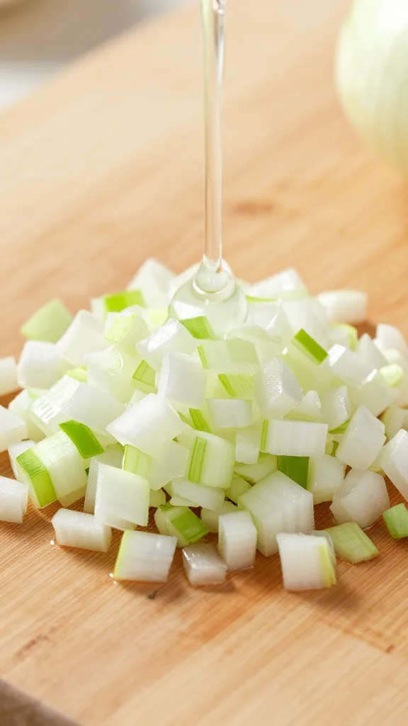 minced onion releasing juices on cutting board