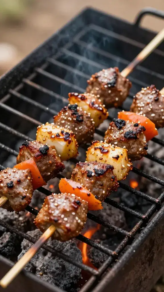 brushed oil on kafta skewer over grill grates