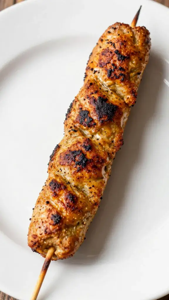 single broiled kafta skewer on white plate