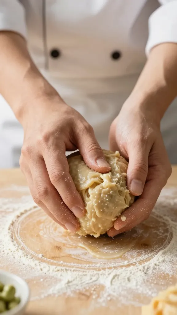 chef hand kneading kafta until tacky, tight frame