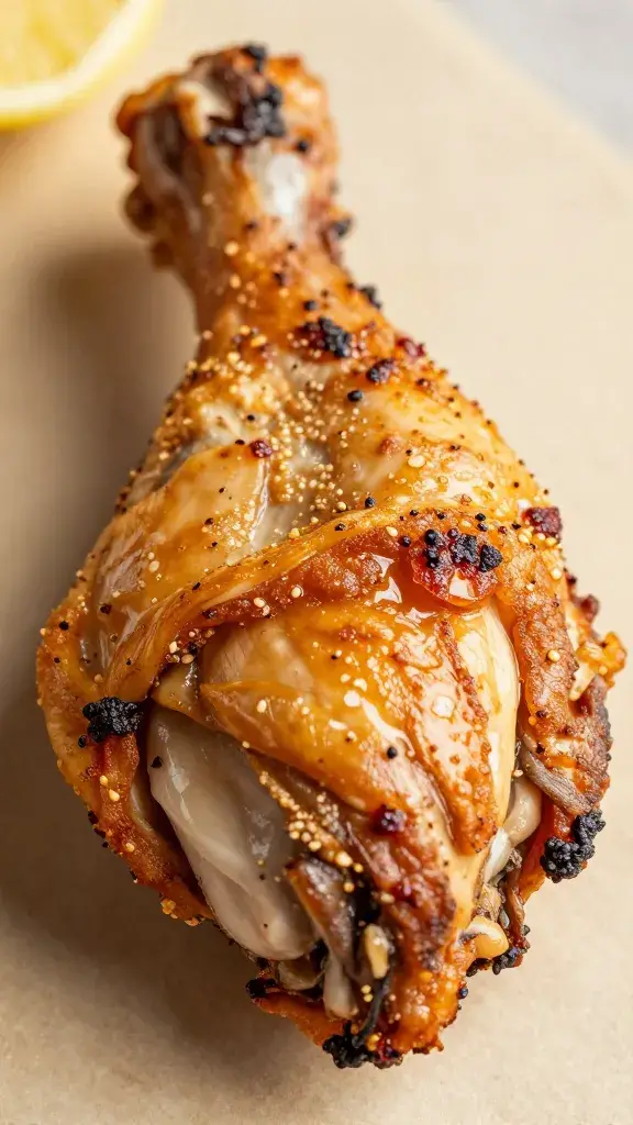 closeup of chicken shawarma thigh with crispy edges