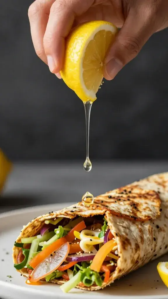 lemon wedge squeezed over resting shawarma, juice mid-drip