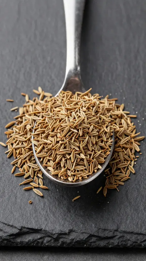 spoonful of ground cumin on dark slate