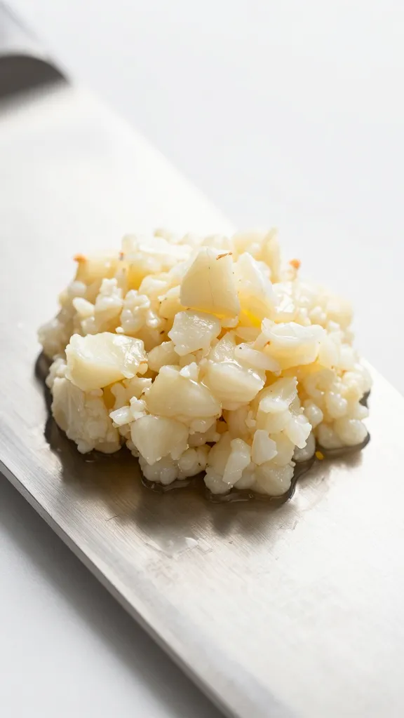 minced garlic mound on chef’s knife blade