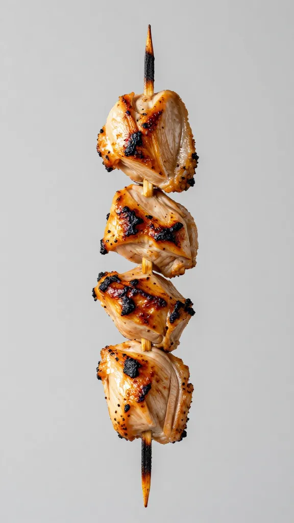 brushed chicken skewer with charred bits, studio light