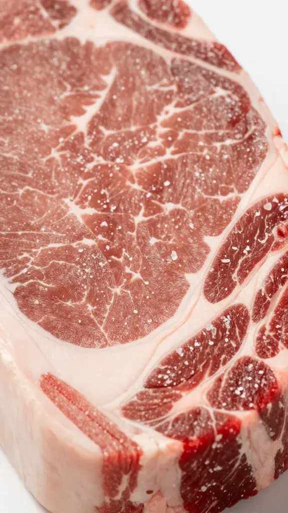 Closeup of raw picanha cap, crosshatched fat, salt crystals