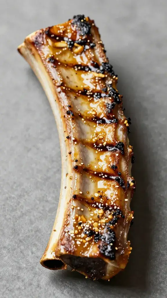 Single rib bone glazed with garlic marinade, grill marks