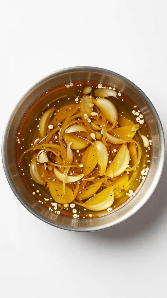 Stainless bowl of oil-forward garlic marinade, overhead