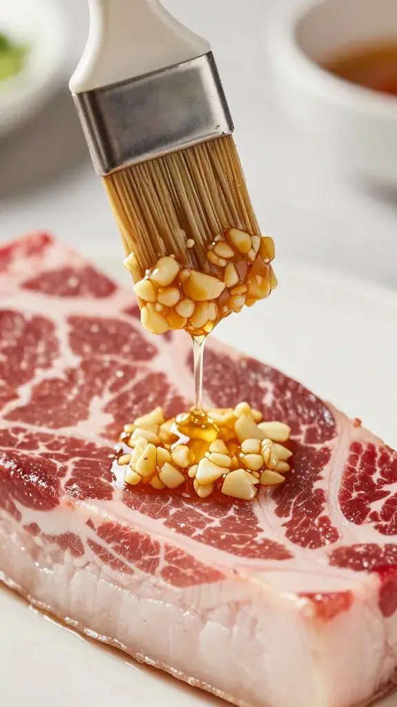 Basting brush dripping garlic marinade over beef fat cap