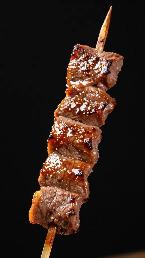 Single skewer of picanha slice, rendered edge glistening