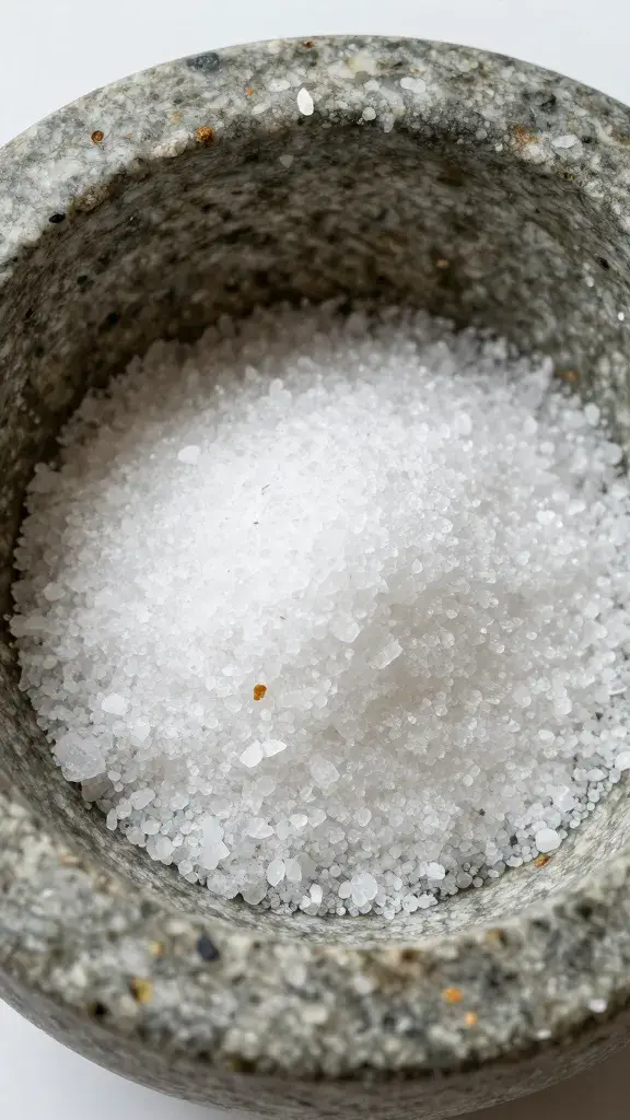 Mortar packed with crushed garlic and coarse salt, macro