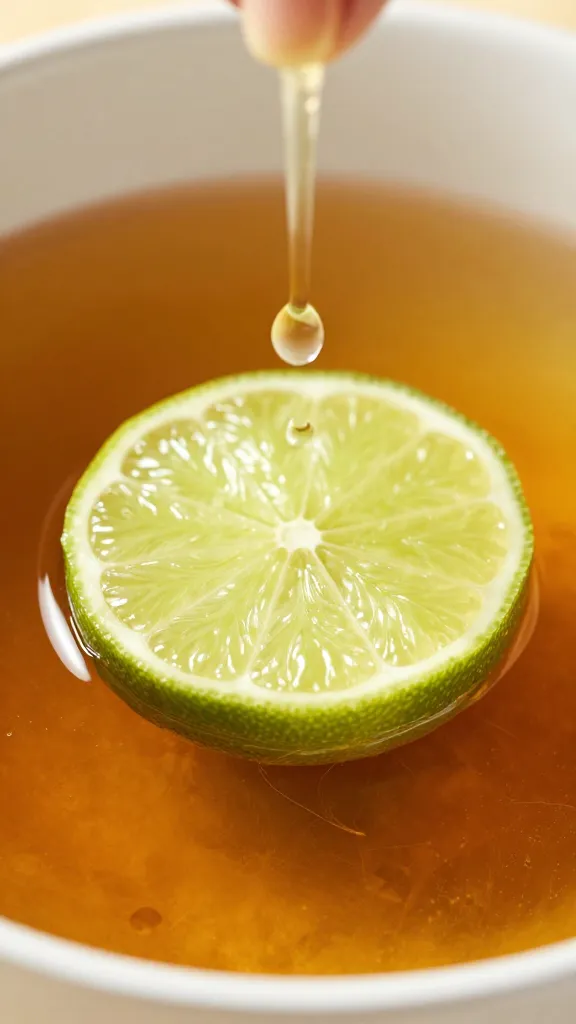 Lime half squeezed over marinade surface, droplets suspended