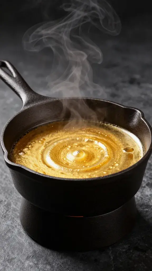 Cast-iron ladle of golden marinade, subtle steam